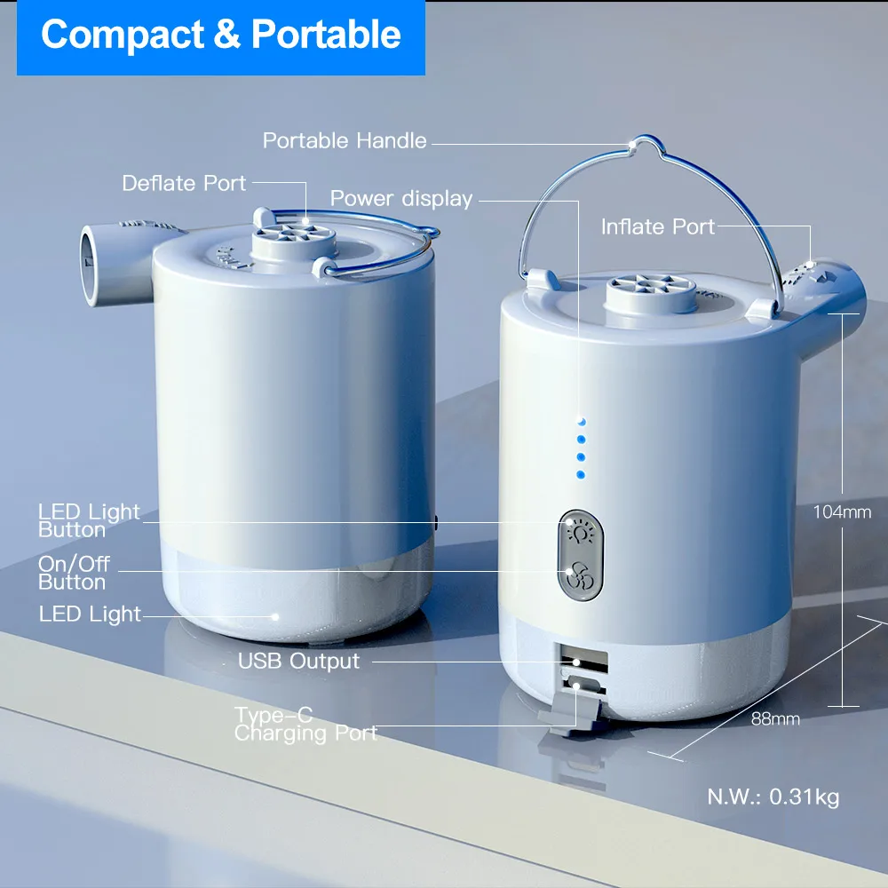 Rechargeable Portable USB-Cordless Camping Air Bed Pump Mini Electric Battery Inflator/Deflater With Camp Lantern