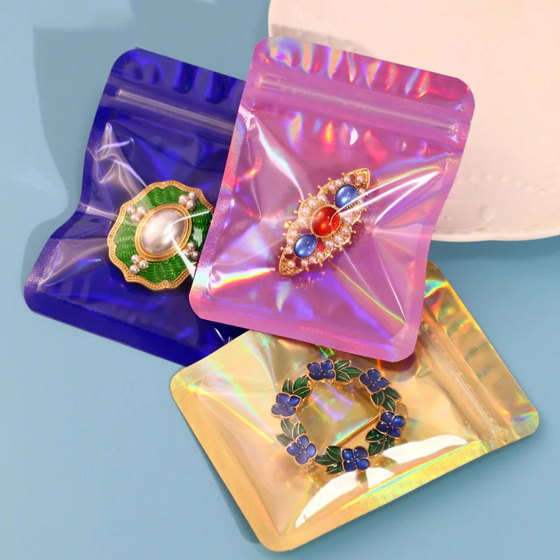 In stock transparent Resealable holographic pink zip bag for Jewelry