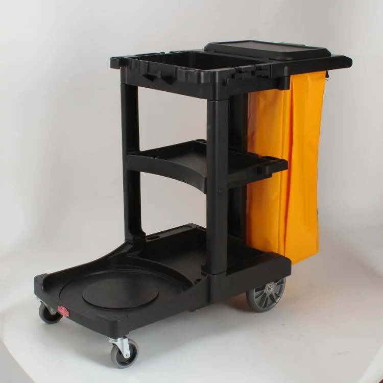 Черная съемная пластиковая тележка для уборщиков больничных и ресторанных