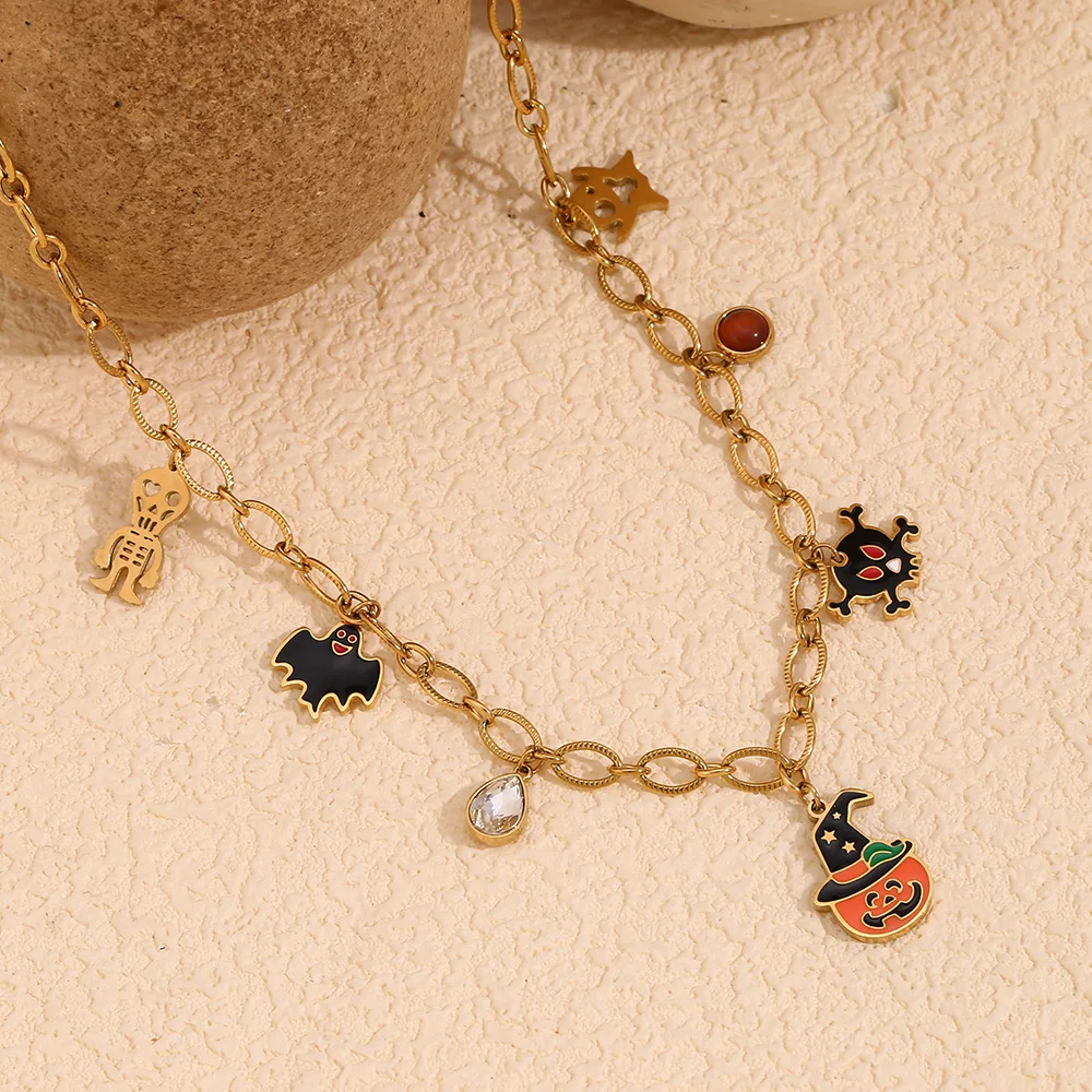 Cartoon cute pumpkin Grimace Bat pendant Stainless teel gold plated Halloween element pendant necklaces