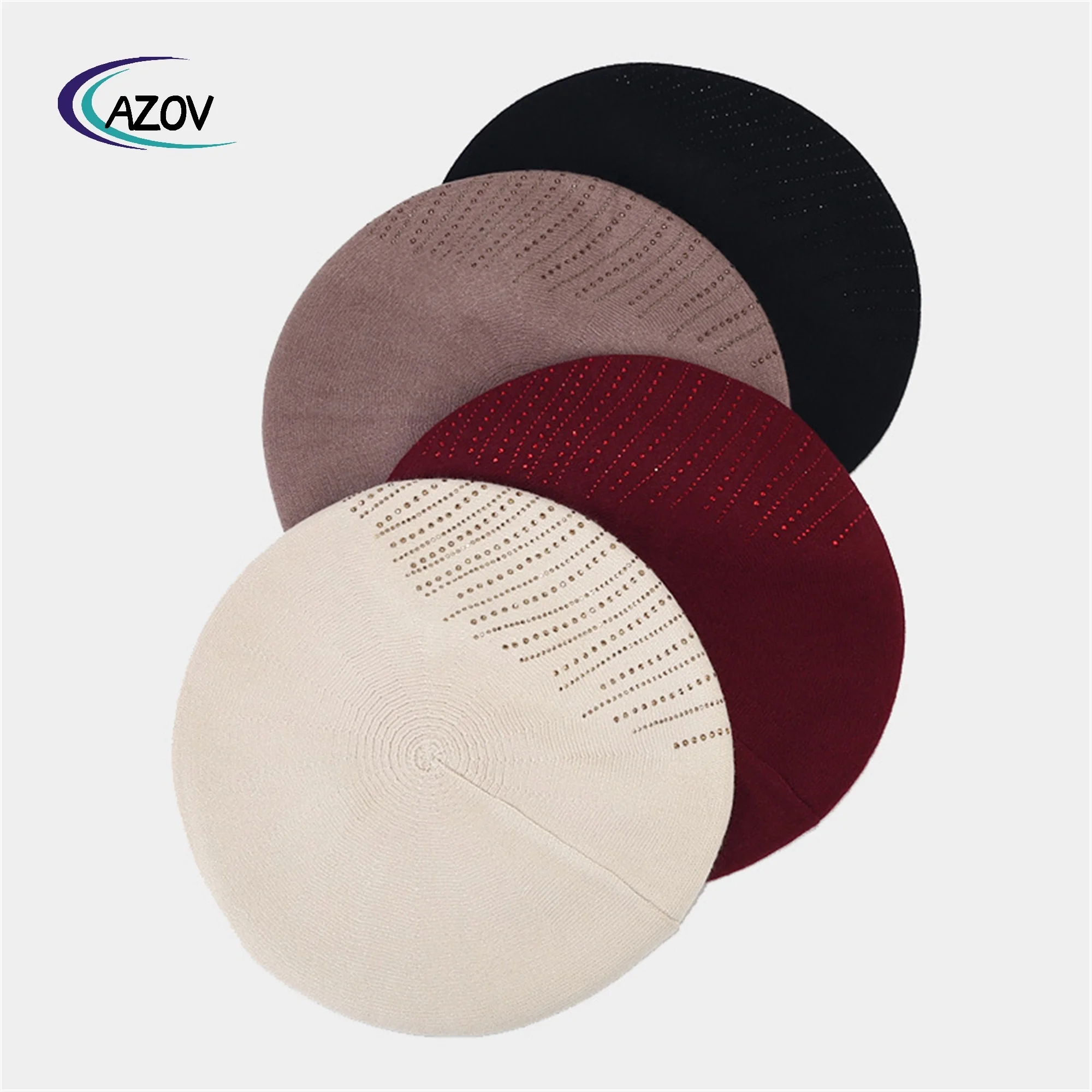 Ladies Fashion Retro Knitted Beret Winter All-Match Hot Drilling Painter Cap Warm Wool Beret
