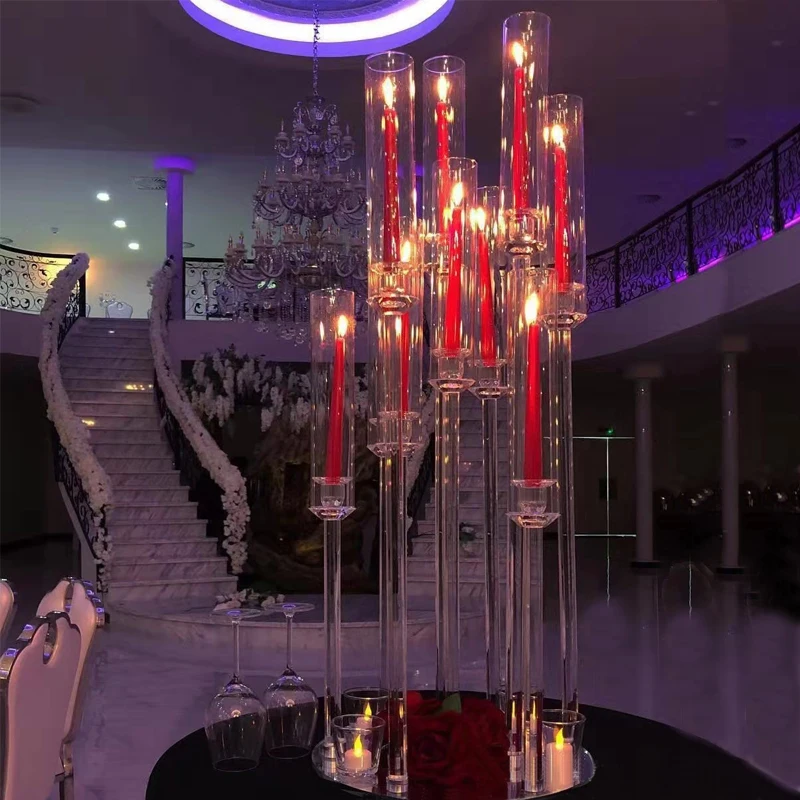 DEXI dining table center wedding candle holder crystal 9 arm high glass tube wholesale candelabra centerpieces