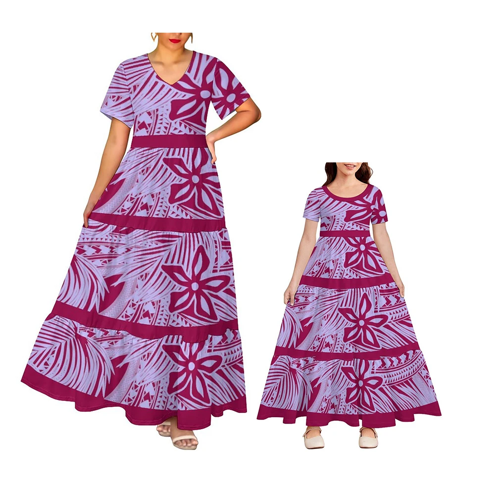 2024 Hot Selling Polynesian Elei Tribal Design Custom Woman Girl V-Neck Short-Sleeved Cake Dress Outfits Family Matching Clothes