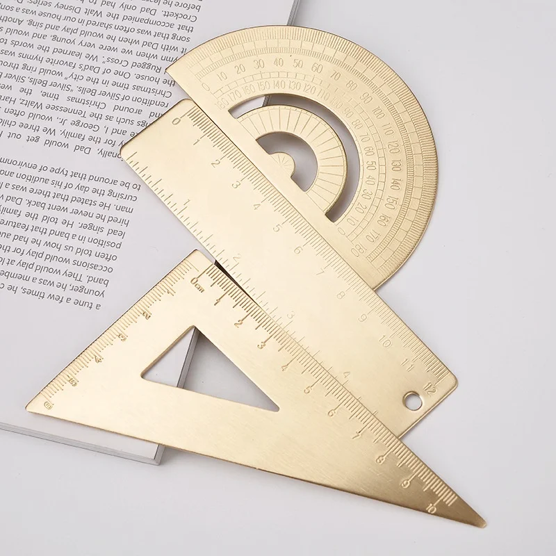 Wholesale stationery math geometry gift metal brass straight ruler protractor and triangle ruler