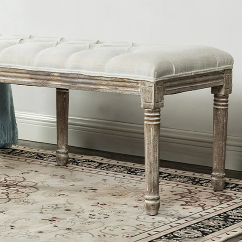 Amazon Hot Sale Vintage Beige Linen Upholstered Solid Wood Bed Shoe Seating Wooden Long Bench Stool Ottoman