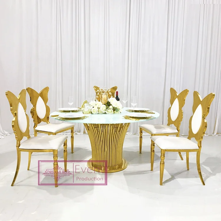 Wedding furniture round glass top restaurant dining table gold stainless steel wedding table