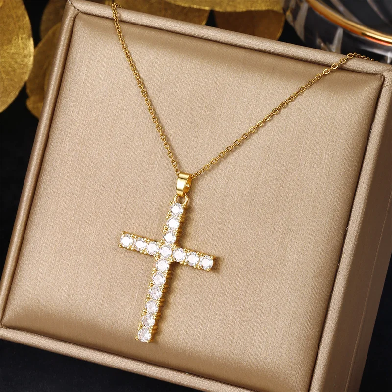 Fashion Jewelry Necklaces Stainless Steel Gold Filled Diamond Cross Choker Pendant Necklace for Women