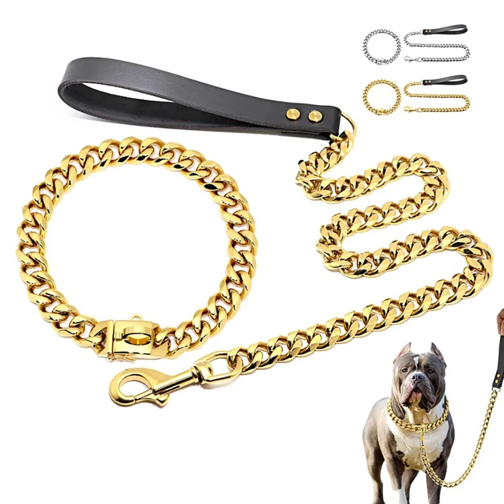 Factory Stainless Steel Chew Proof  19MM Gold Dog Chain Collar Metal with Design Secure Buckle for Dogs Cats