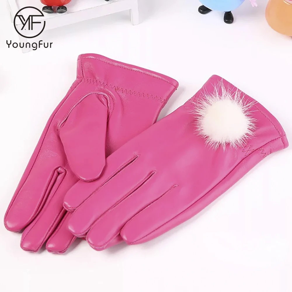 Girls Custom Made Luxury Real Mink Fur Ball Genuine Leather Gloves for Winter