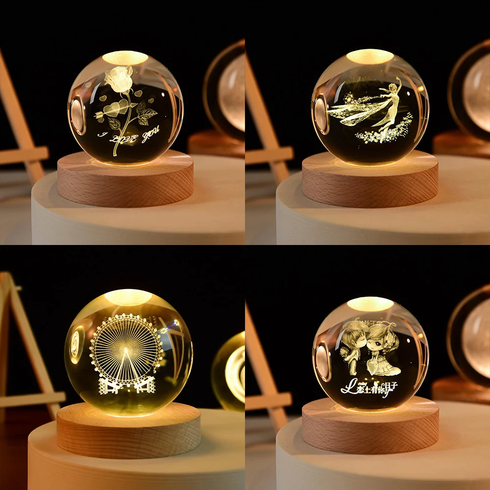 Custom Gift 3D Art Crystal Ball Night Lamp Wood Base Home Desktop Decoration Led Solar System Moon Night Lights