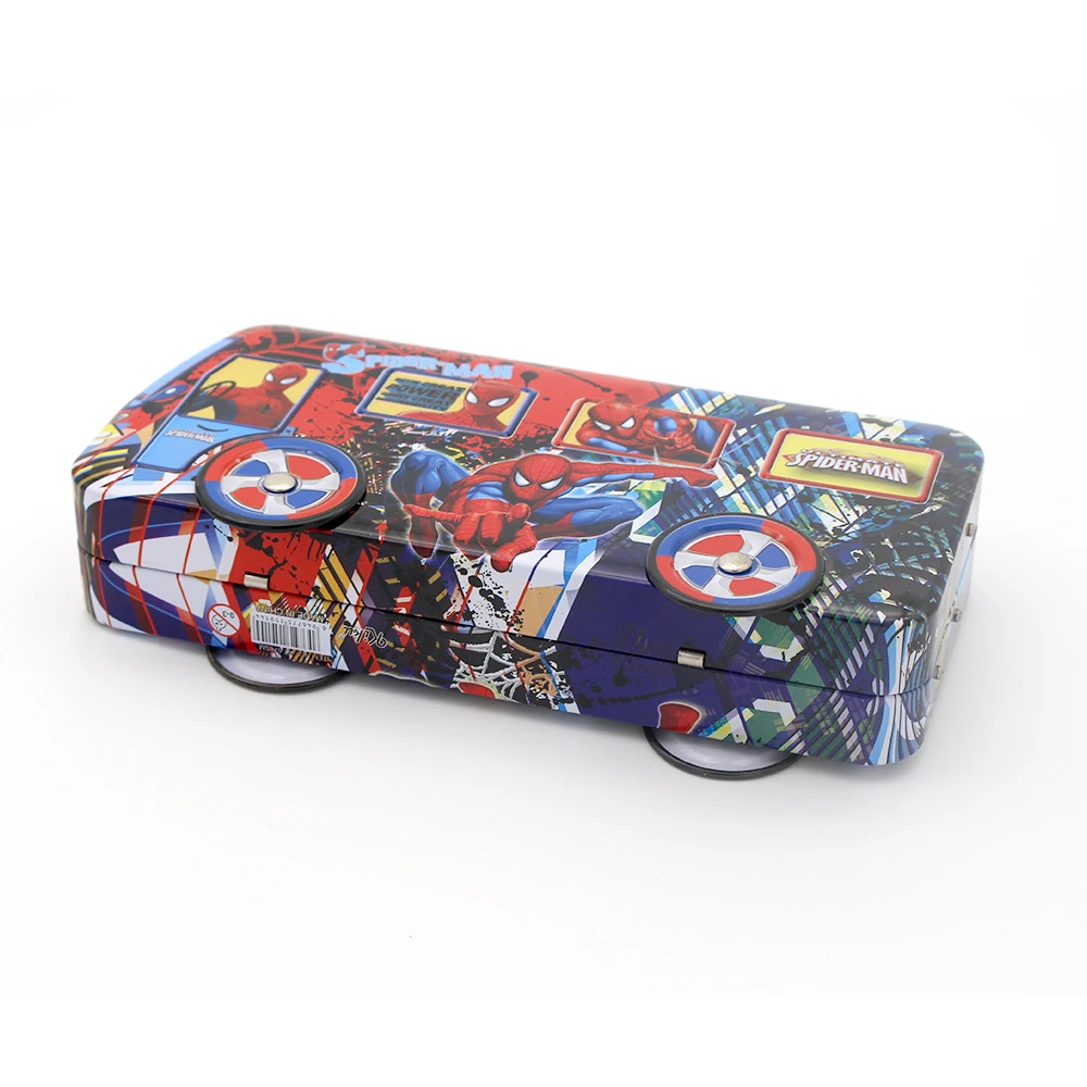 New design custom printed large car shape metal tin pencil box popular empty hinged kid spider man tin pencil case