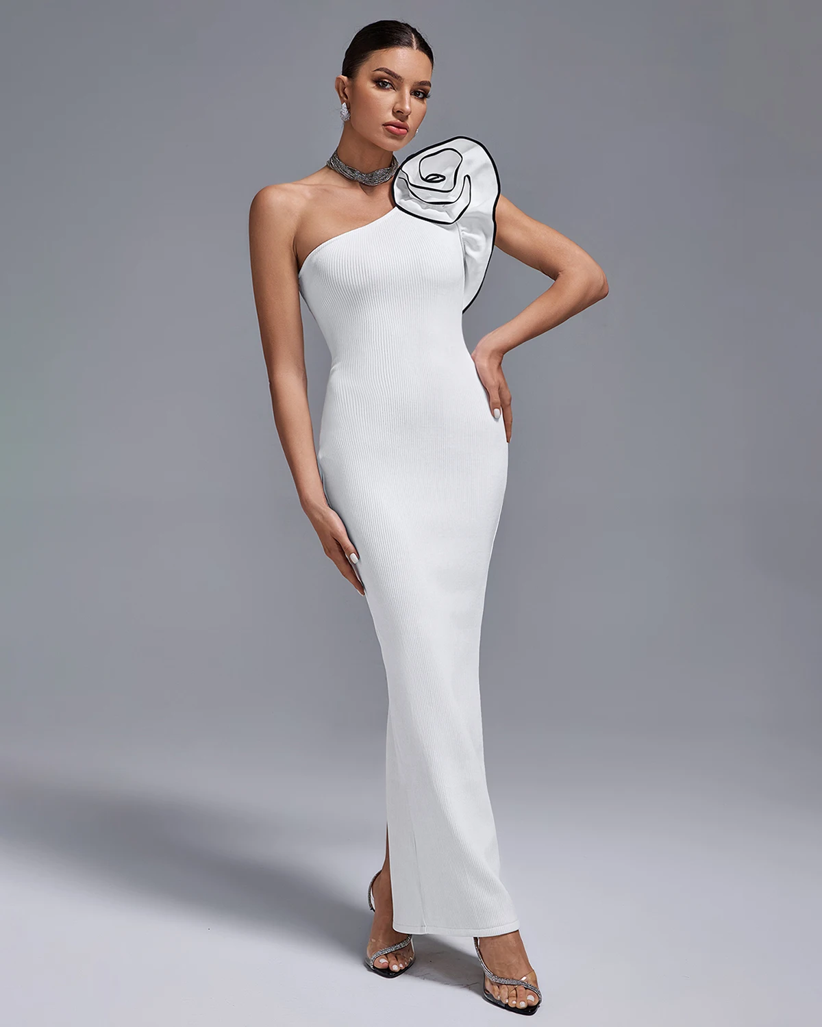 Ocstrade High Quality Frocks White Evening Dresses One Shoulder Flower Sleeveless Ladies Evening Bodycon Bandage Dresses