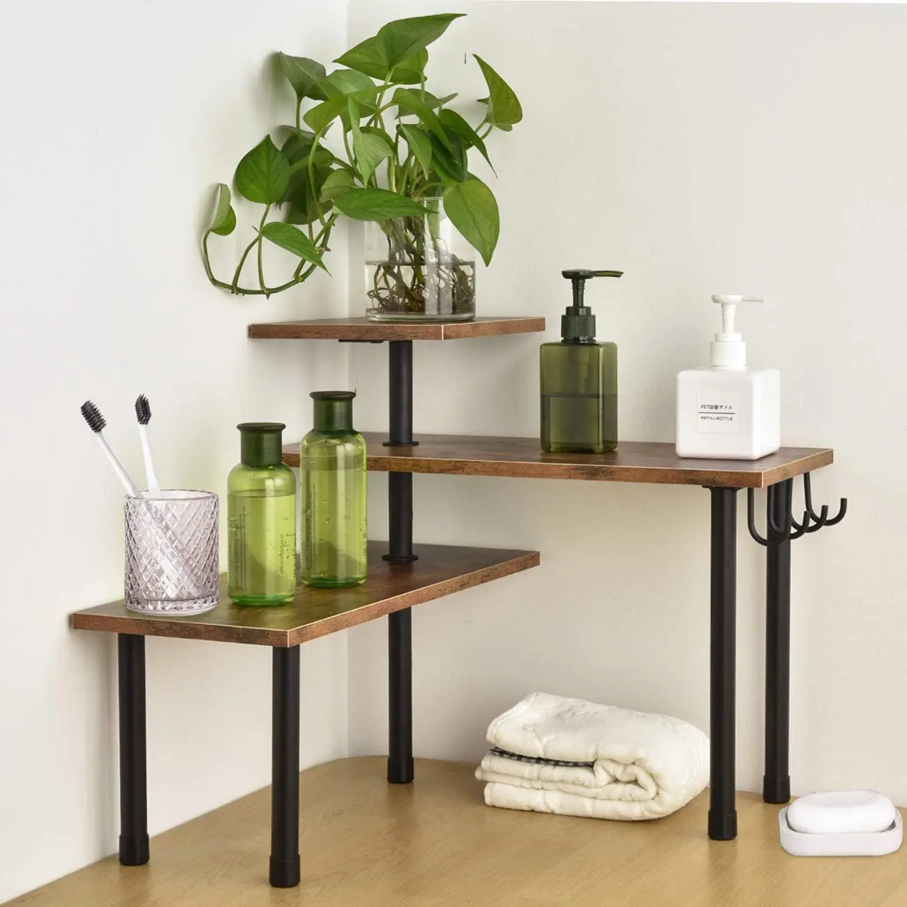 Hot sale wooden 3-tier corner space savers cabinet countertop organizer kitchen spice storage shelf desk plate display rack