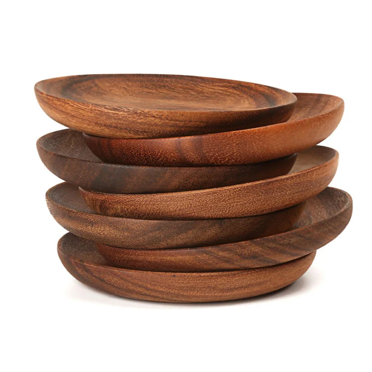 Hot Sales 10 inch Natural Wooden Steak Serving Plate Customized LOGO Wholesale Souvenir Round Acacia Wood Dinner Plate