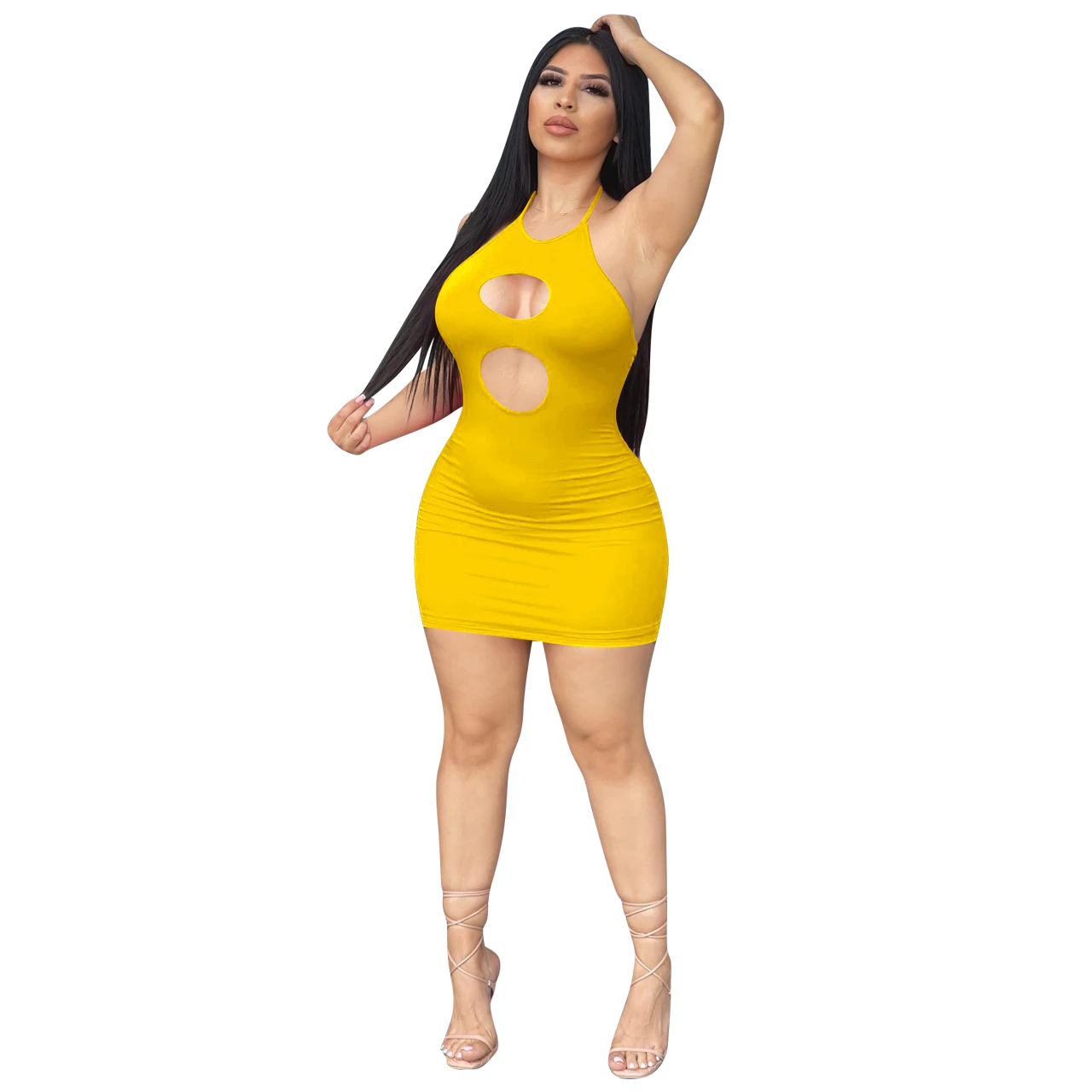 Sexy Summer Hollow Out Women Bandage Dresses Sold Sleeveless Lace up Backless Nightclub Bodycon Dress