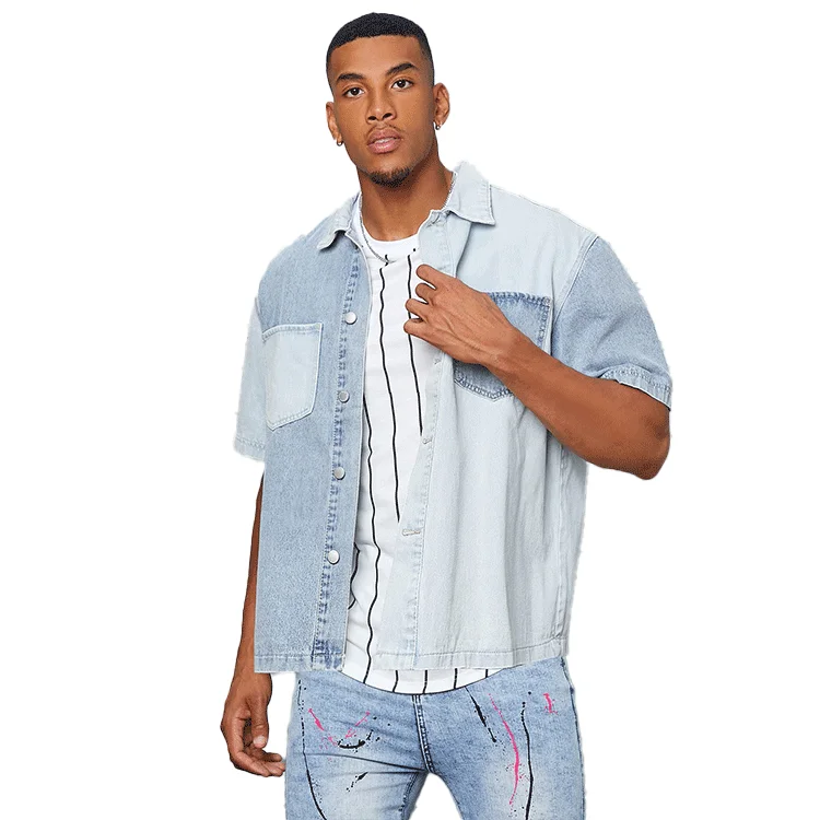 Mens Clothing Double Pocket Shirts Casual Short Sleeve Button Up Color Block Shirt Custom for Men