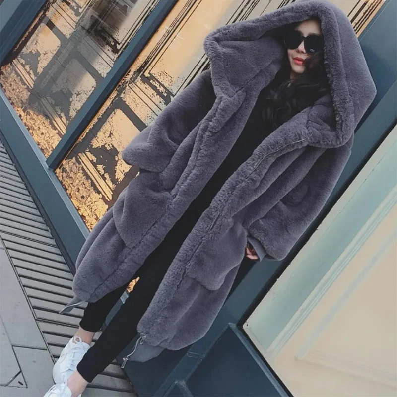 
Winter Warm hooded Large size Medium length Solid color Fur & Faux Fur Women 2019 New Casual Long sleeve Women Fur coat 