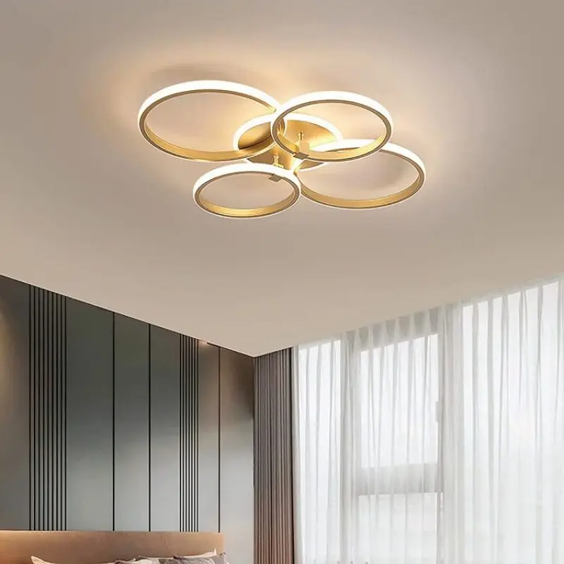 Modern Ceiling Lamp Gold Circle Dimmable Remote Pendant Lights Fixture 4 Ring Flush Lighting Mount Acrylic Iron Chandelier