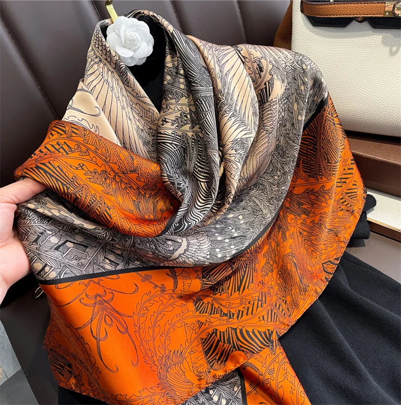Wholesale Designer 90*90cm Muslim Hijab Headband Custom Square Shawl Foulard Luxury Brand Silk Scarves For Women