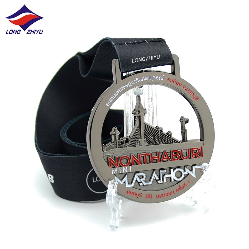 Longzhiyu 15 years maker sports marathon special antique silver and soft enamel cut-out with building  medals