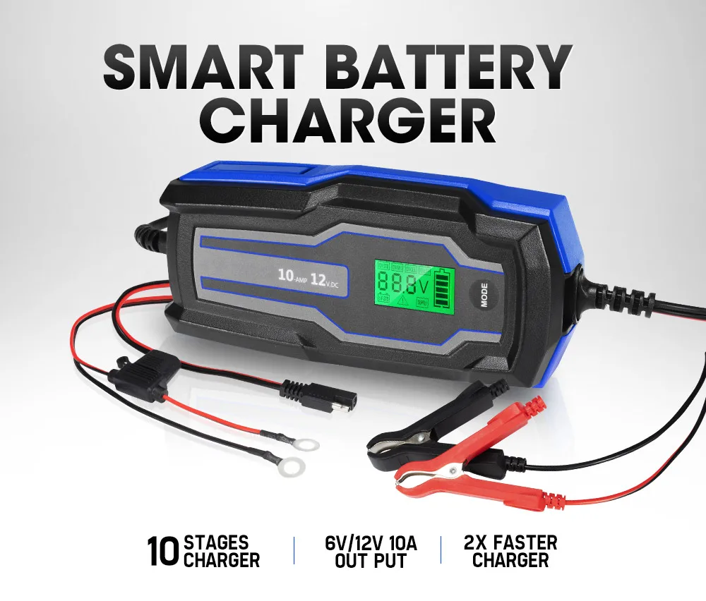 10 Stage Portable Auto Car Truck 10A 12V Smart Lithium Battery Charger