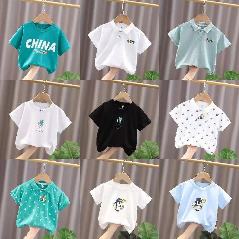 Детская летняя рубашка-поло с принтом мультяшного медведя, детская одежда с V-образным вырезом и коротким рукавом, топы для маленьких мальчиков