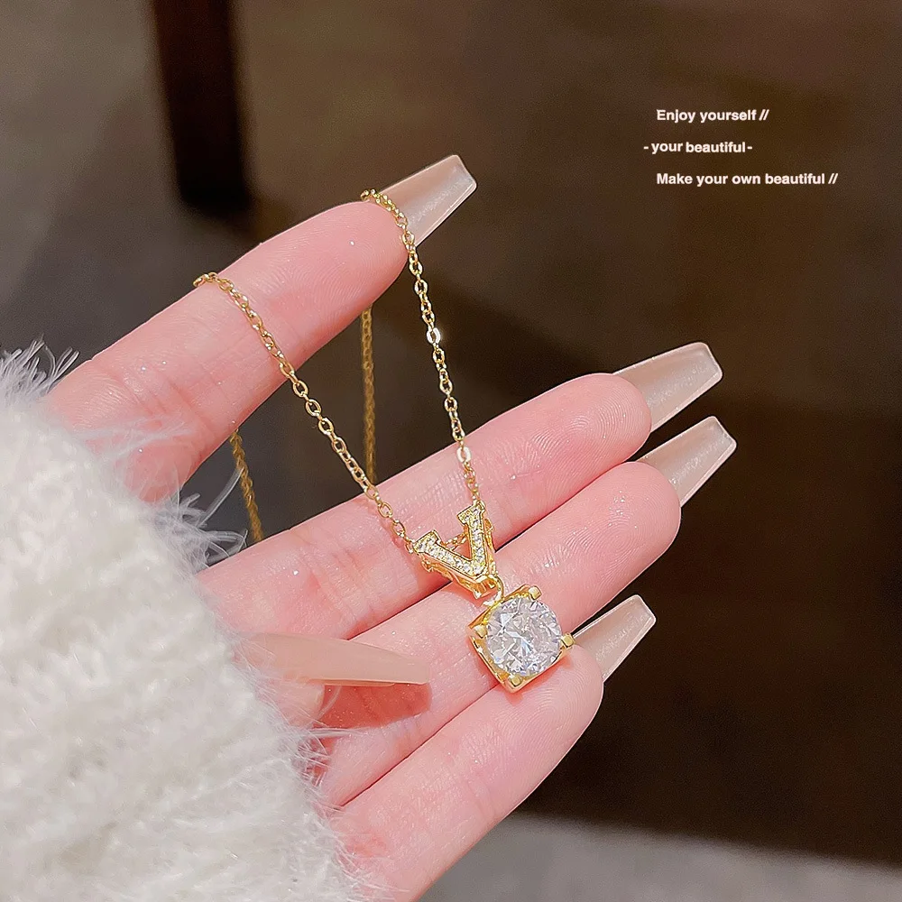 18K Gold Plated Stainless Steel Clavicle Chain Necklace Micro Zircon Charm Necklace For Women Collar De Acero Inoxidable Jewelry