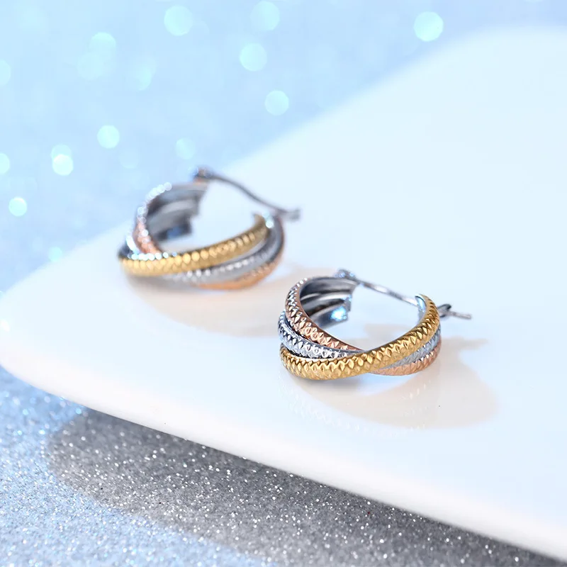 NUORO Minimalist 18K Rose Gold Silver Plated Stainless Steel Hoop Earrings Jewelry Triple Colors Joint Rings Ear Buckle Earrings