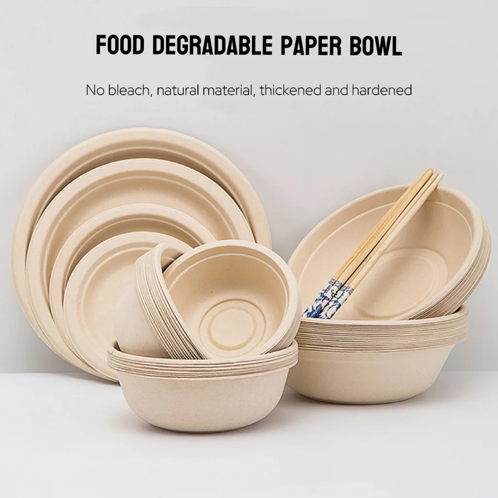 Eco-Friendly Disposable 500ml 32oz Kraft Paper Bowls Bagasse Sugarcane Pulp Container Soup Salad Sweet Rice Food Lunch Box
