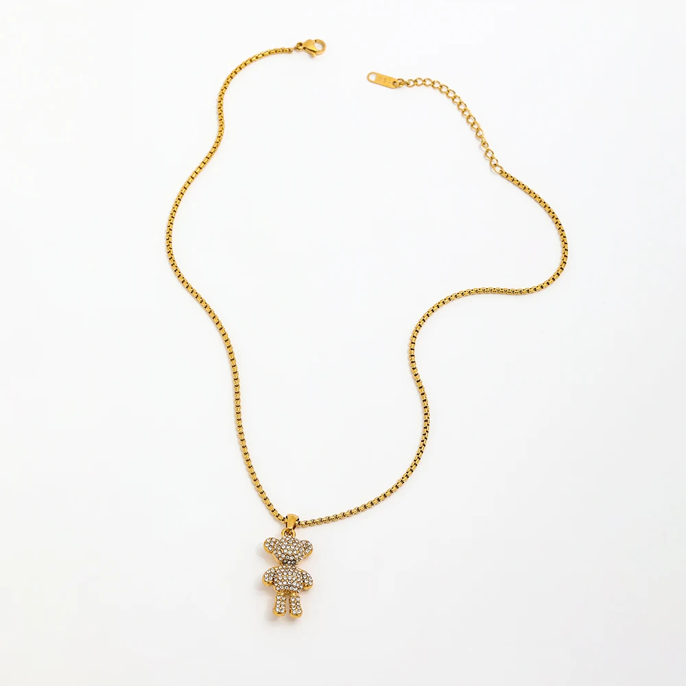 Joolim Jewelry Cute 18K PVD Gold Plated Vintage Zirconia Pave Bear Pendant Necklace Stainless Steel Jewelry for Women