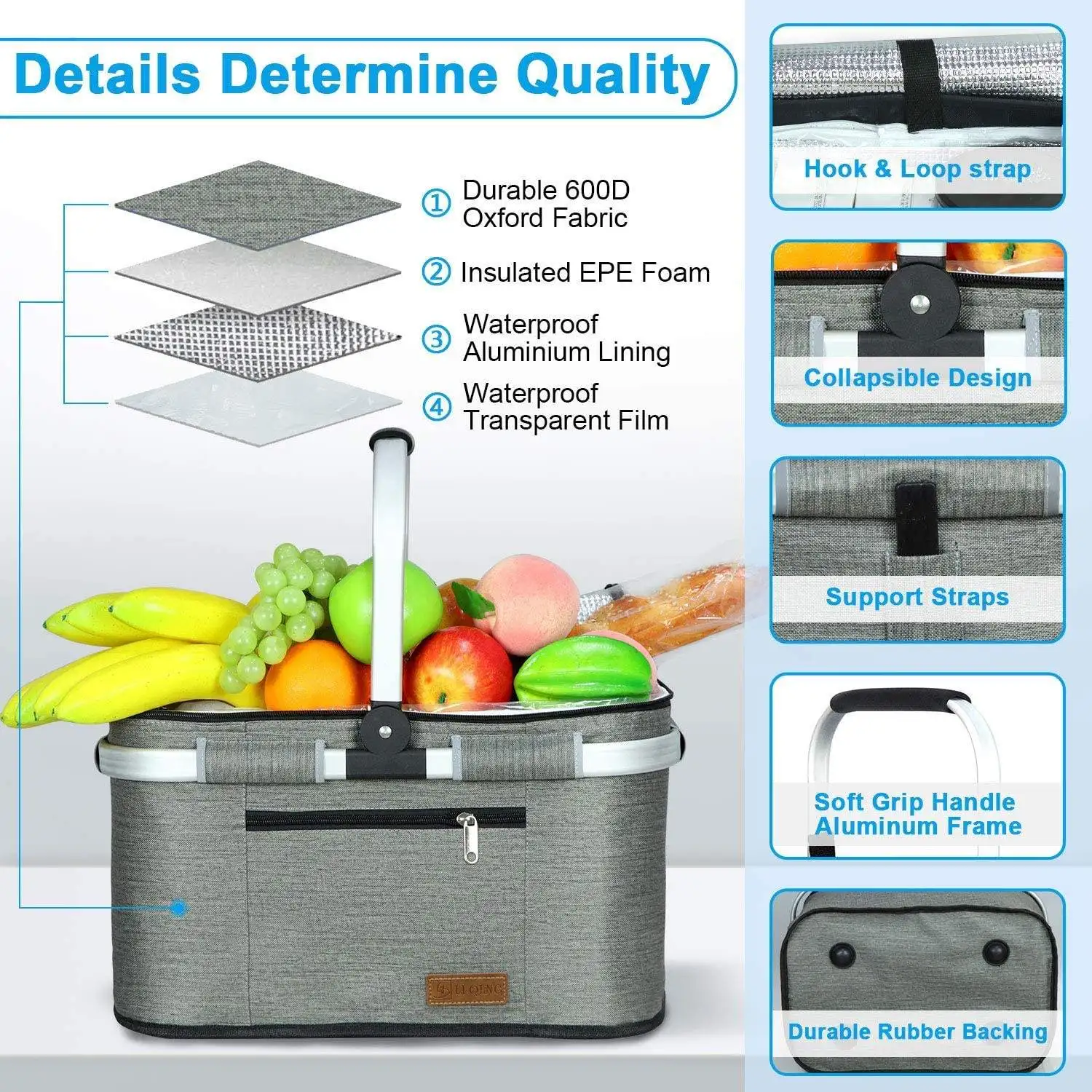 Outdoor Foldable Picnic Basket Portable Waterproof Oxford Insulated Lunch Bags Storage Box Camping Picnic Basket With Lid