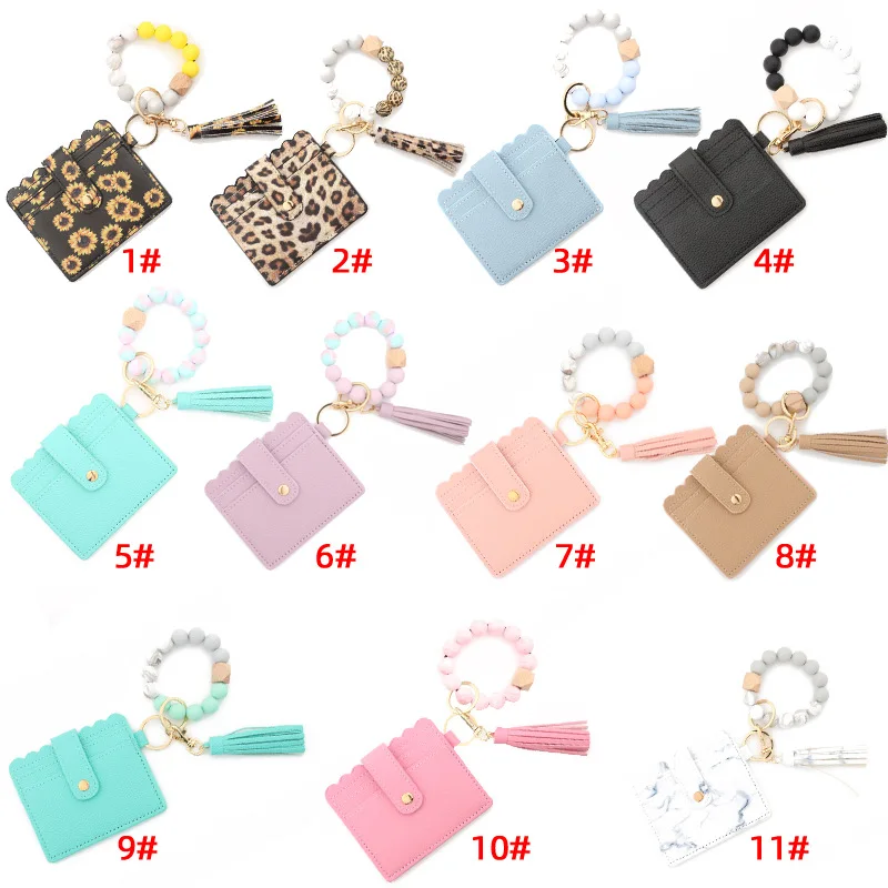Silicone Bead Bangle Key Ring Pu Card Holder Bracelet Keychain With Matching Wristlet Wallet