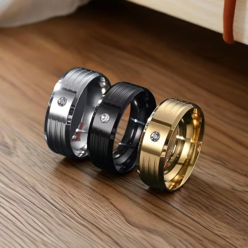 Waterproof fashionable titanium steel jewelry finger rings gold black silver color zircon diamond rings for men party wedding