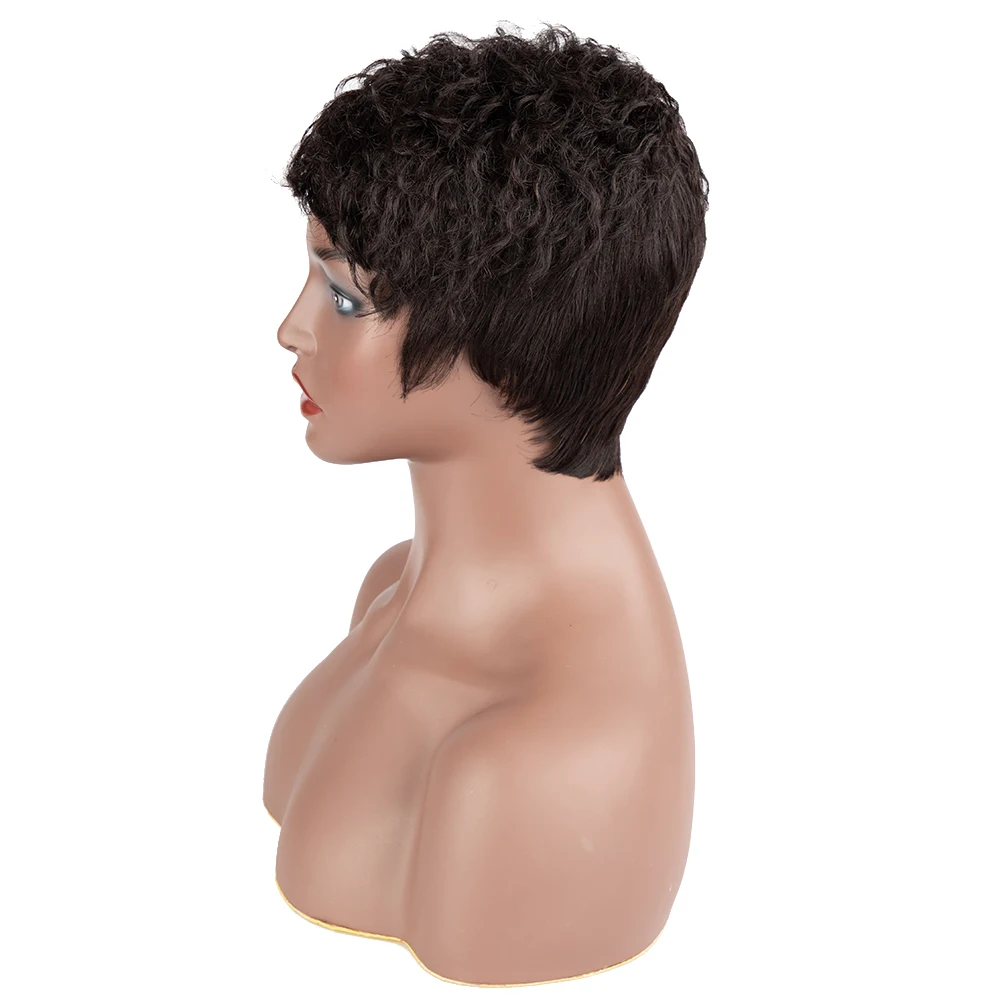 Rebecca Natural Black Short Pixie Wigs with Bangs Layered Cut Natural Curl Straight Synthetic Hair Wig for White Women