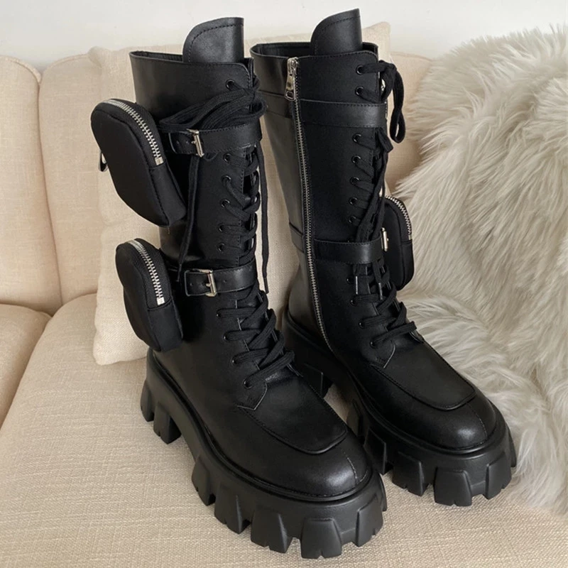 High Quality Genuine Leather Model Women Pocket Motorcycle Boots Platform Lace Up Thick-soled Knight Boots Shoes Women