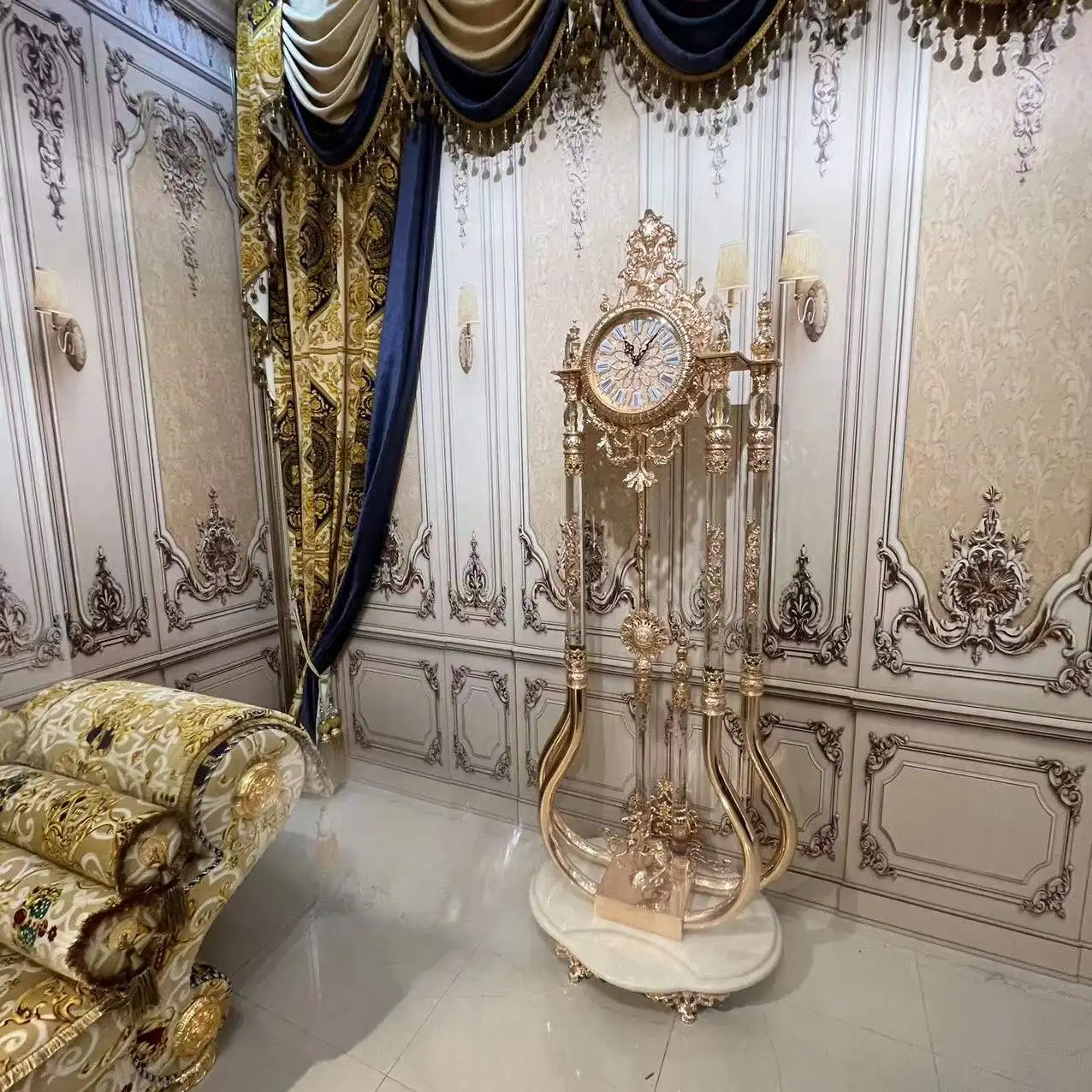 European Deluxe Crystal Clock Rose Golden Antique Standing Clock Brass Royal Grandfather Clock