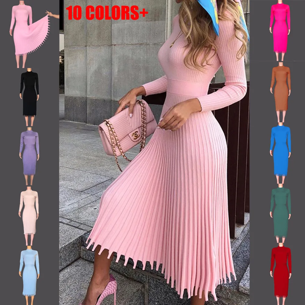 Hot sale new womens clothes casual dresses fashion mid length womens sweaters solid color pleated sweater dress