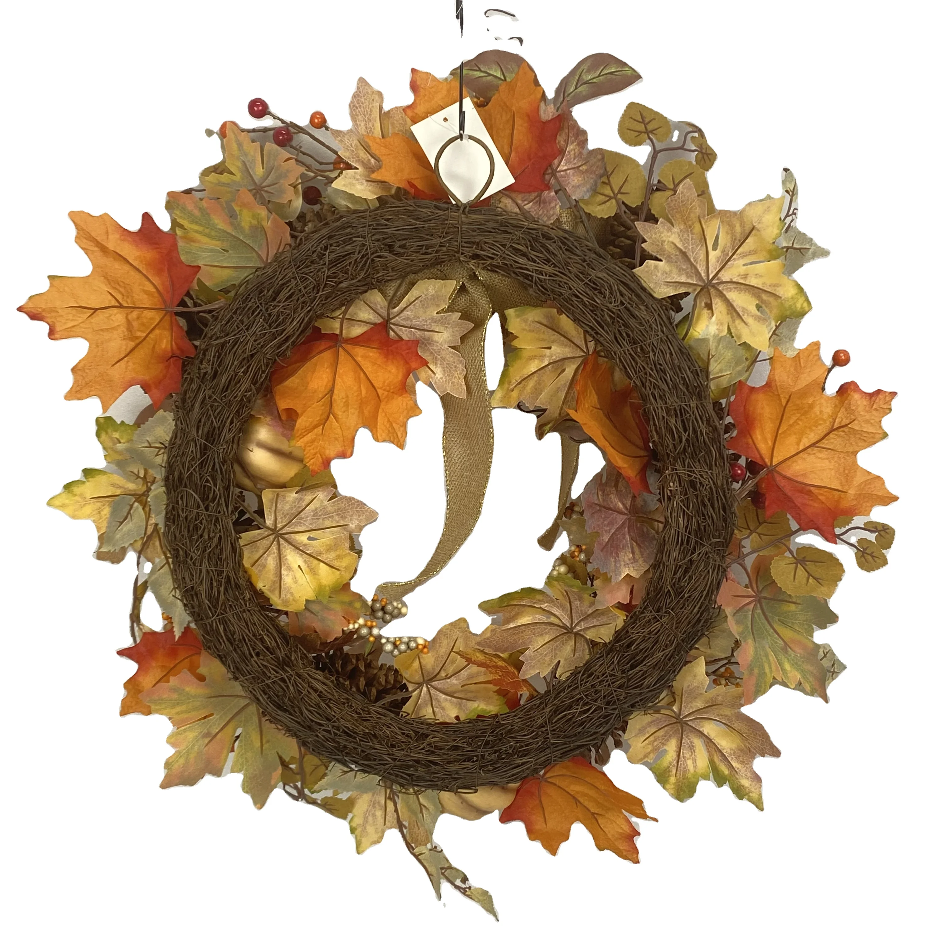 Artificial Harvest Plant Flower Wreath Yellow Maple Leaf Styrofoam Pumpkins Berry Natural Pinecone Autumn Wall Harvest Wreath