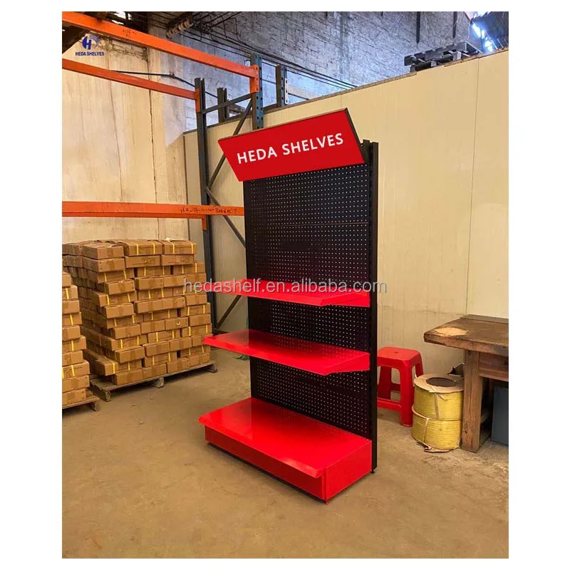 Storage Shelves Red Display Racks Supermarket Store Shelves Metal Display Stand for Tools and Hardware Pegboard Display