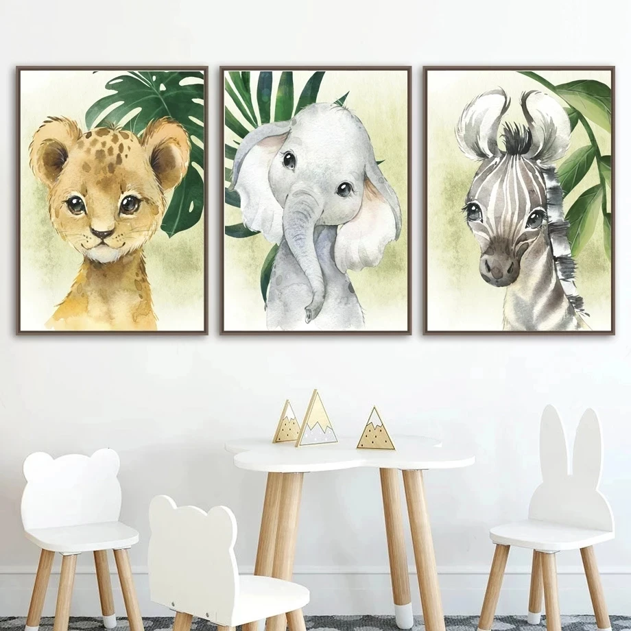 Yong Animal Horse Tiger Elephant Giraffe Wall Art pictures And posters Print on canvas oil painting For kids Room home Decor