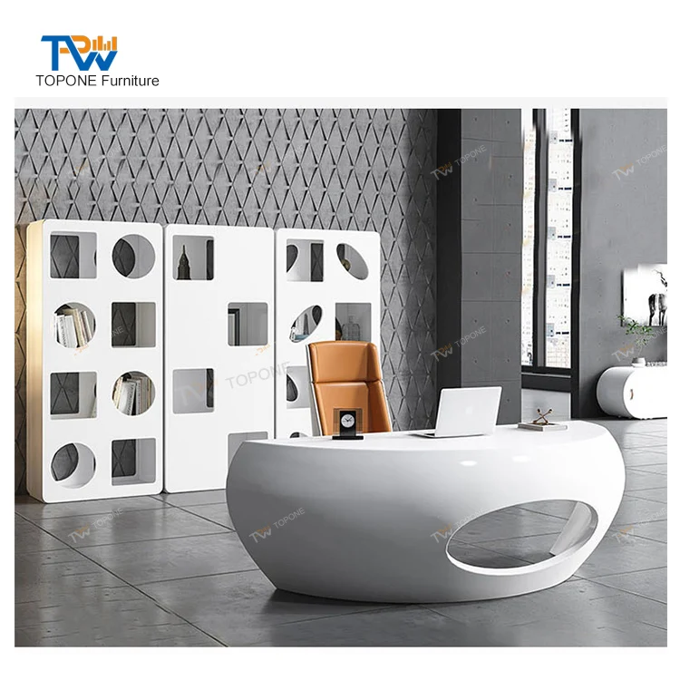 Sleek elliptical home office table furniture featuring rounded edges, a spacious tabletop, and a semi-circular reception desk