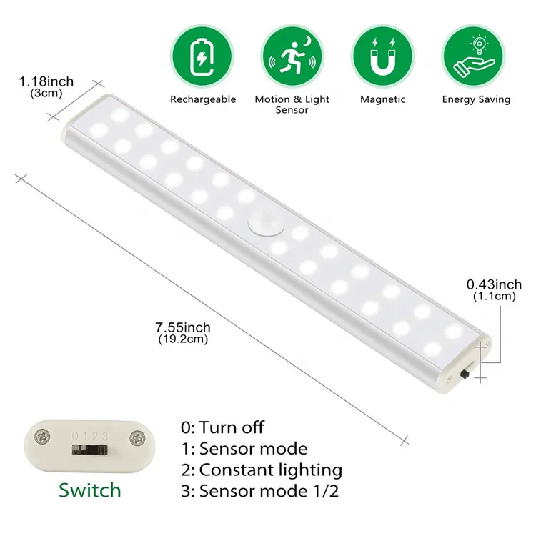 24-LEDs Rechargeable Wireless Closet Night Lighting Table Cabinet Bookcase  Lamp LED Motion Sensor  Light