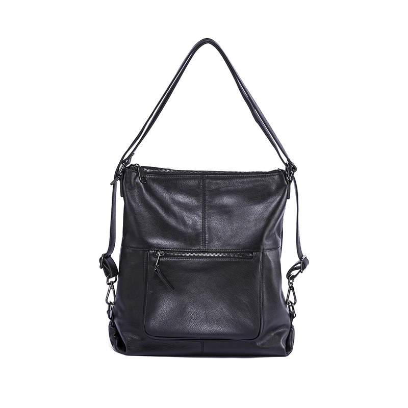 
2021 Stylish Black Soft Tote Handbags Low MOQ Customized OEM Fashion Genuine Leather Multifunctional Backpack with Brand Name 