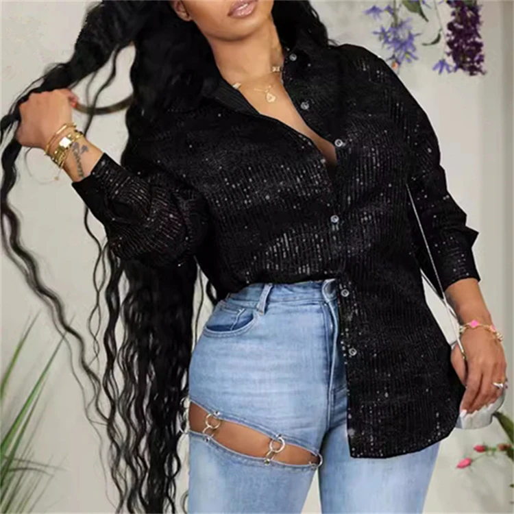 2024 fashion clothes women Turndown Collar sequined sequin shirts for women tops