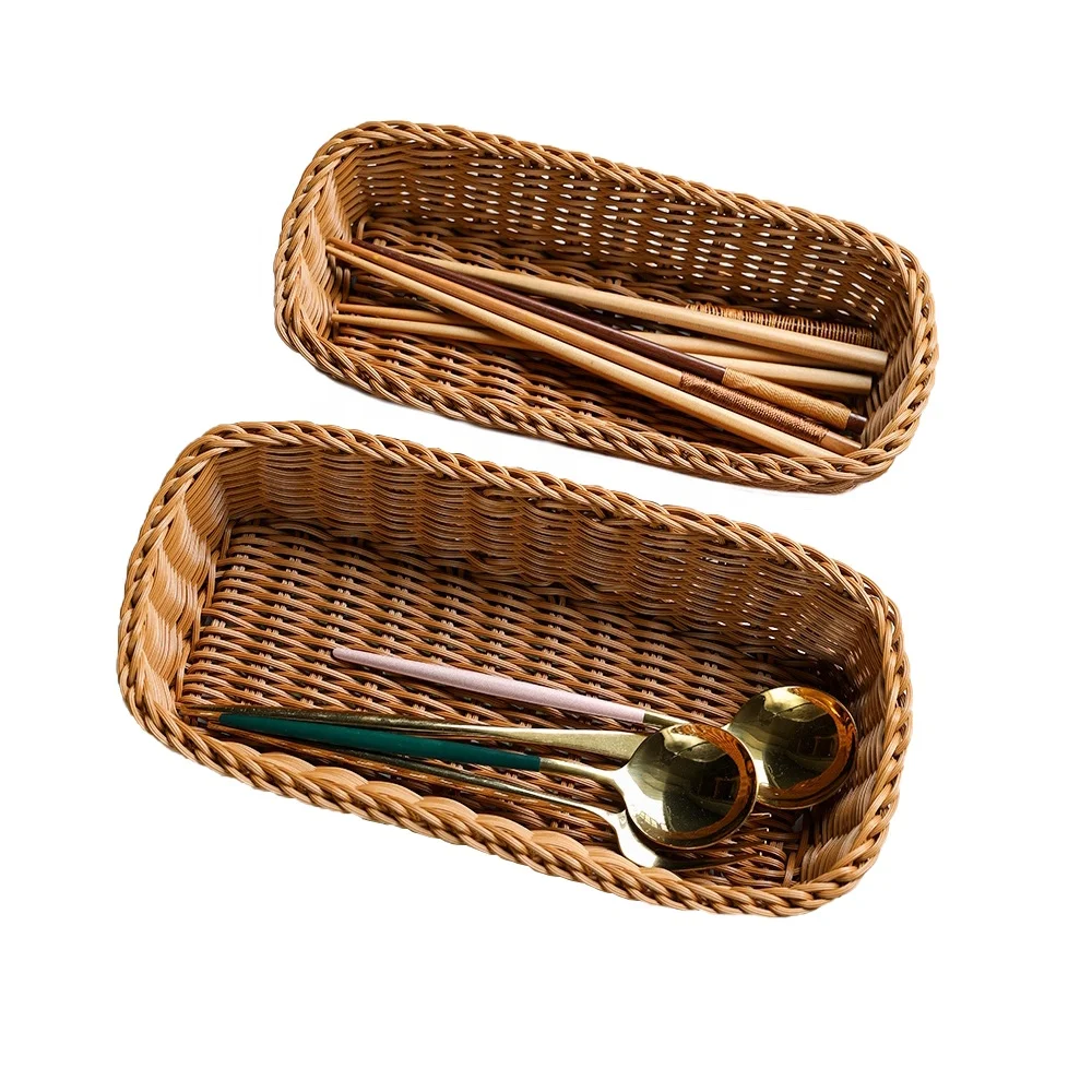 Oem Service Supply Rattan Handmade Weaving Kitchen Cutlery Plastic Storage Basket Plastic Wicker