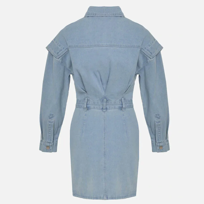 2023 fashion Women casual long sleeve side pockets lapel mini denim dress
