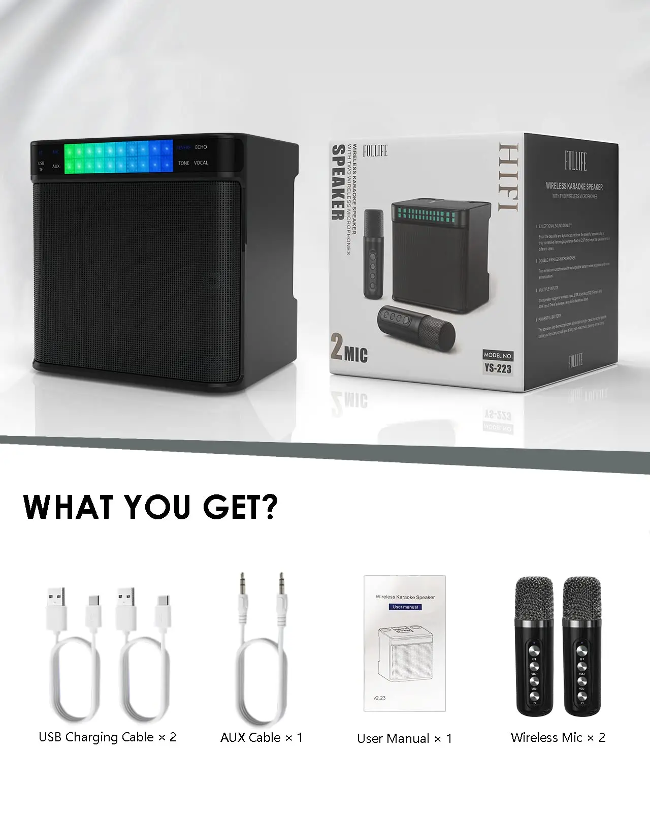 Portable Bluetooth Karaoke Speaker for TV, with 2 Wireless Microphones PA Speaker System for Indoor Outdoor Party, Family Party