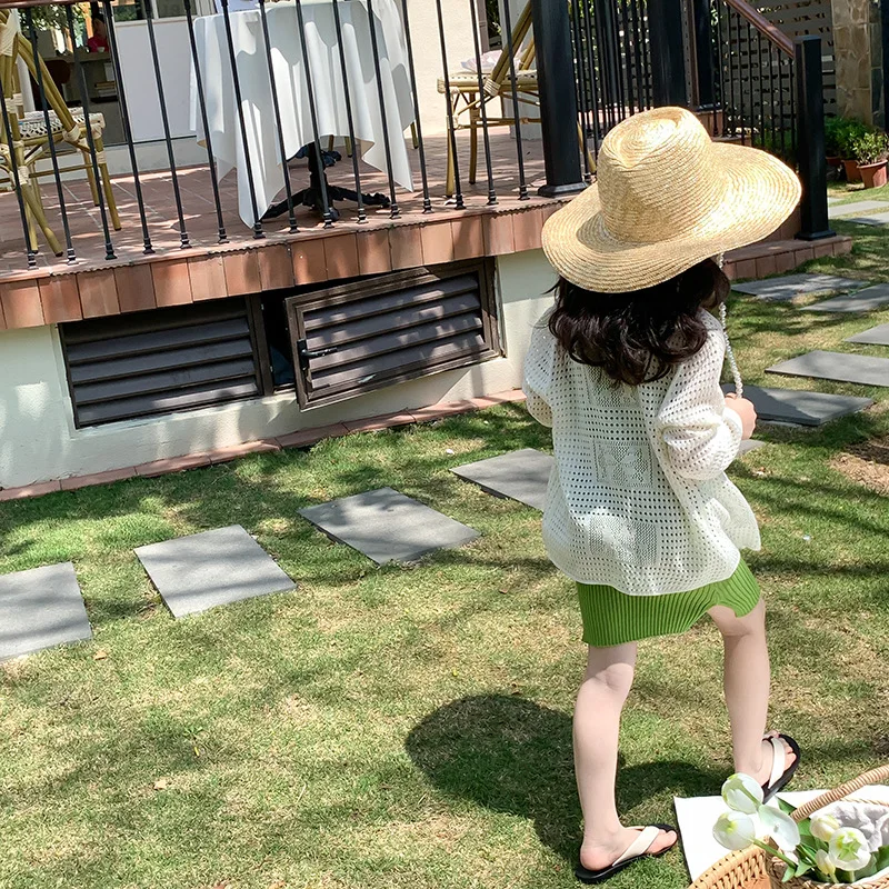 2023 Toddler Children Girl Summer Knit Hollow Beige Think Cardigan Sweater 2-8 Years