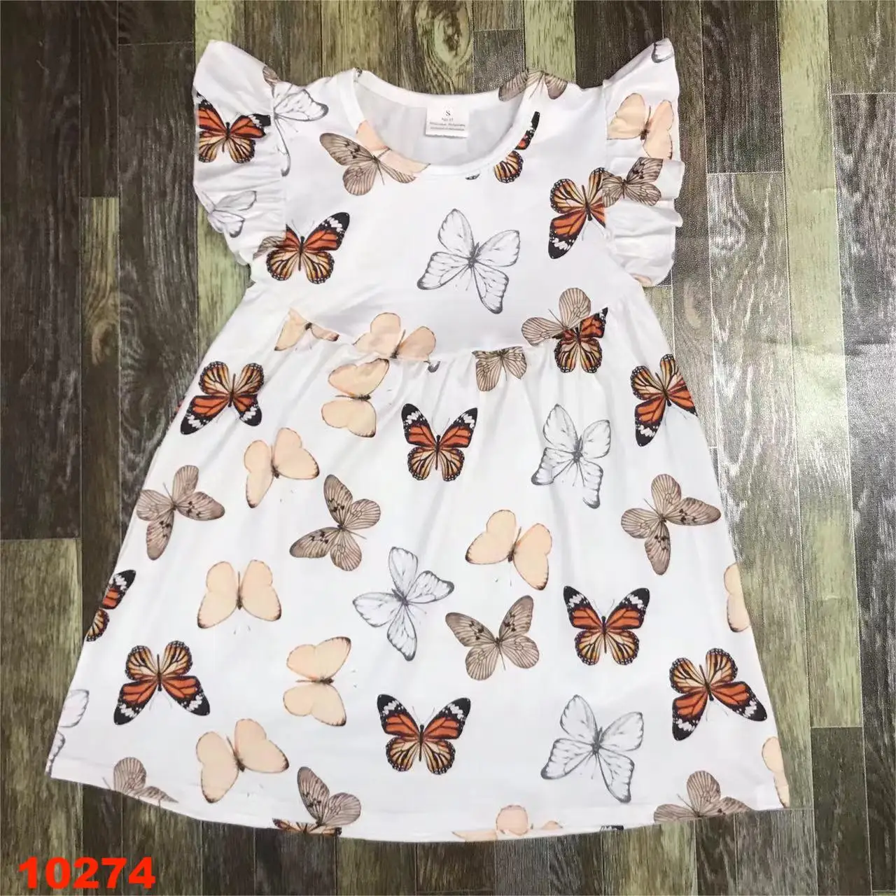 Flying Butterfly Girl Dress White Printed Short Sleeve Pearl Dress Wholesale Clothing