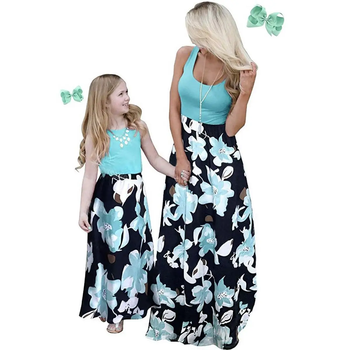 Family Matching Outfits Elegant wholesale clothing Floral Long dress Mom and Daughter Same Dress Mommy and me onesies dresses